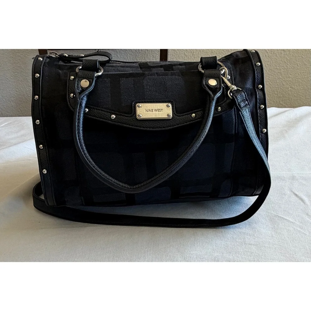 Nine West Black Jacquard Satchel Studded Crossbody Handbag Geometric Print Bag